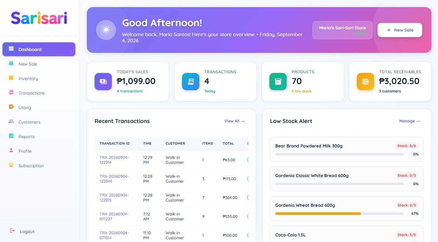 SARISARI dashboard sa tablet: benta ngayong araw, mga transaction, at low stock alert